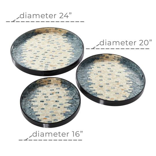Set of 3" Black Mother of Pearl Coastal Tray, 24", 20", 16"